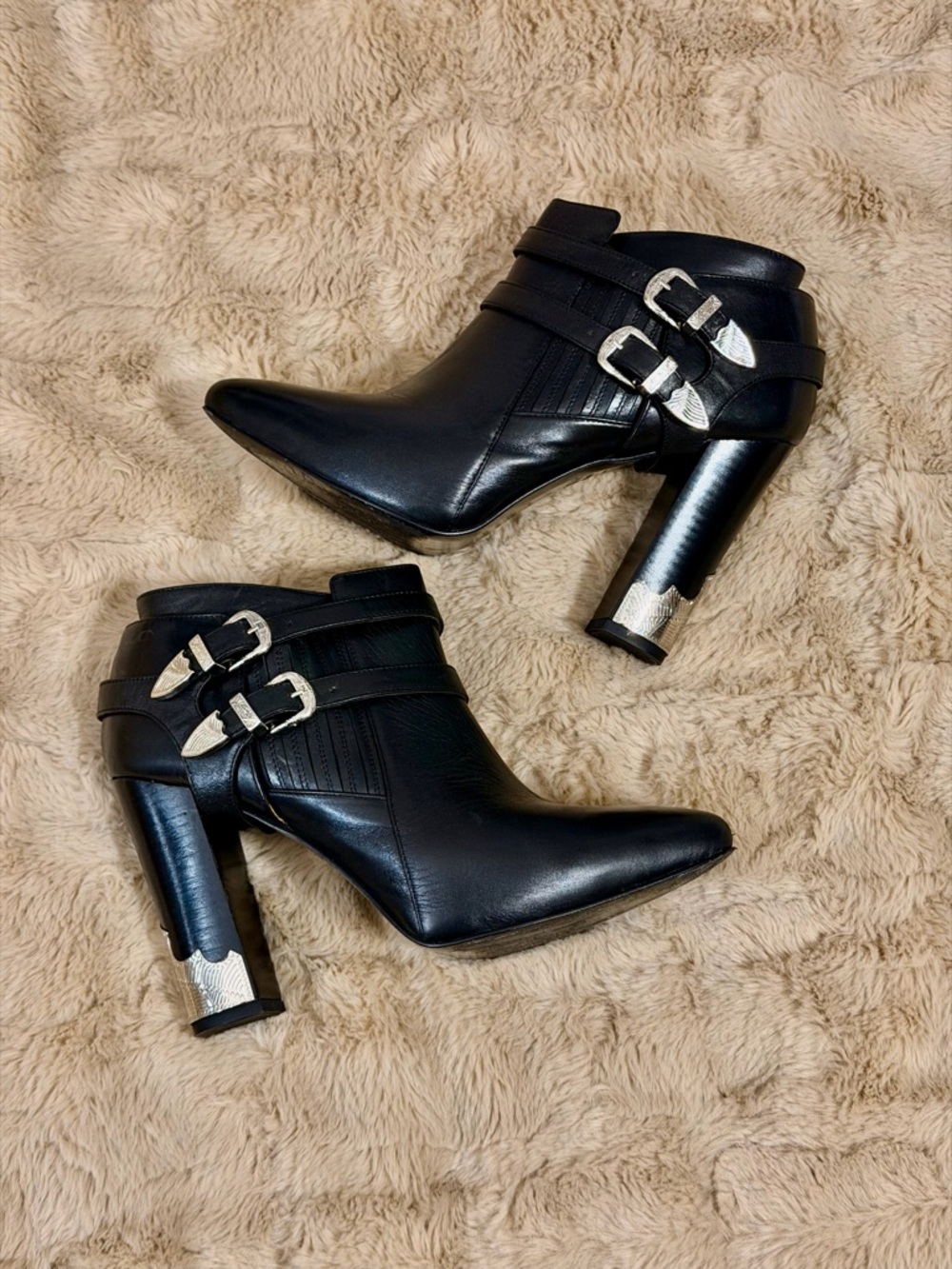 TOGA PULLA Black Leather Ankle Booties with Silver Buckles - Women Sz 9-9.5